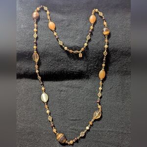 Chaps Gold Tone Brown Tigers Eye Orange Peach Beaded Long Statement Necklace